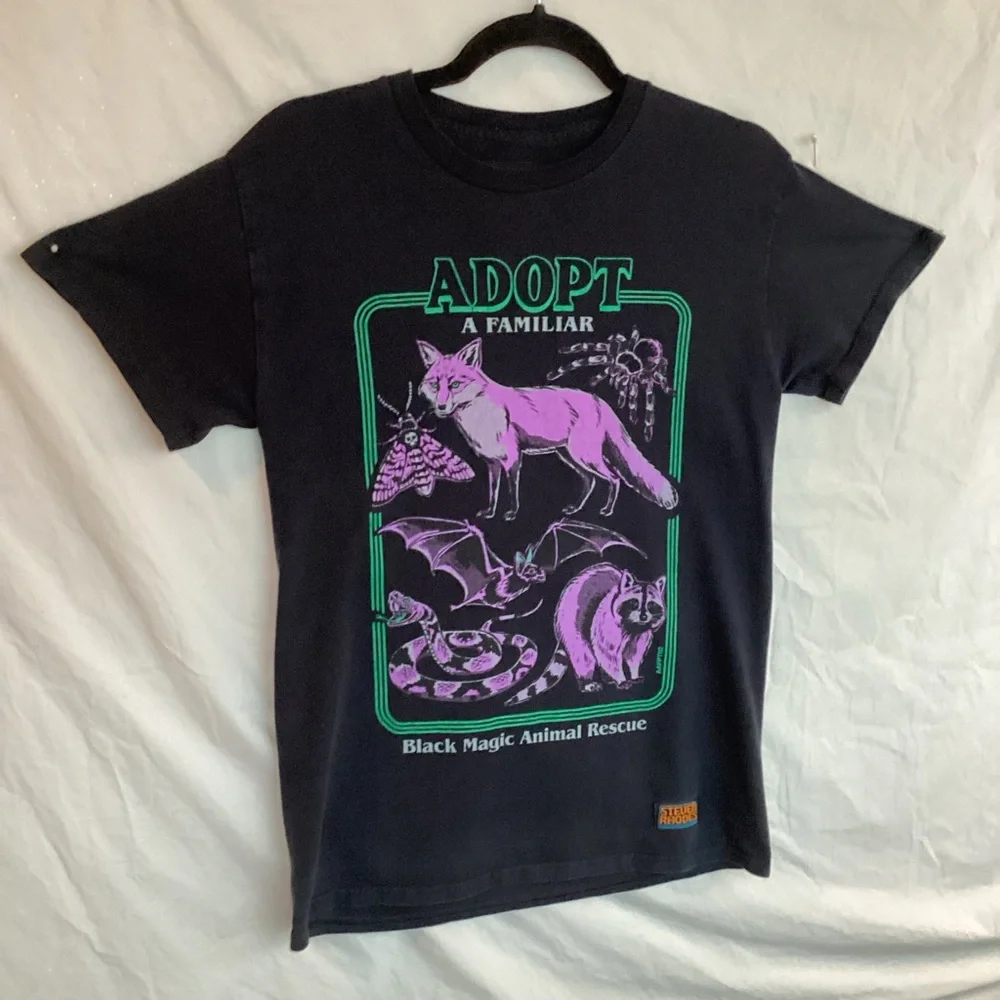 Adopt a familiar black magic animal rescue t shirt satire funny Steven Rhodes - Picture 1 of 10